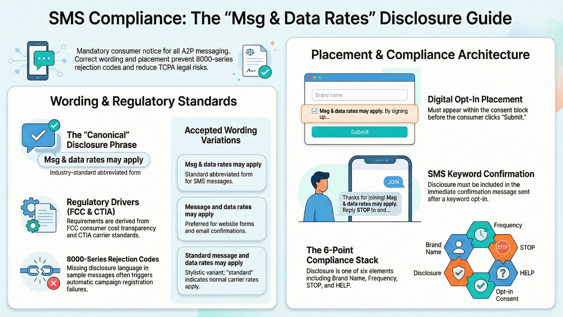 Msg and Data Rates Disclosure Required Wording Placement and When It Applies infographic no wm tcr approval issues